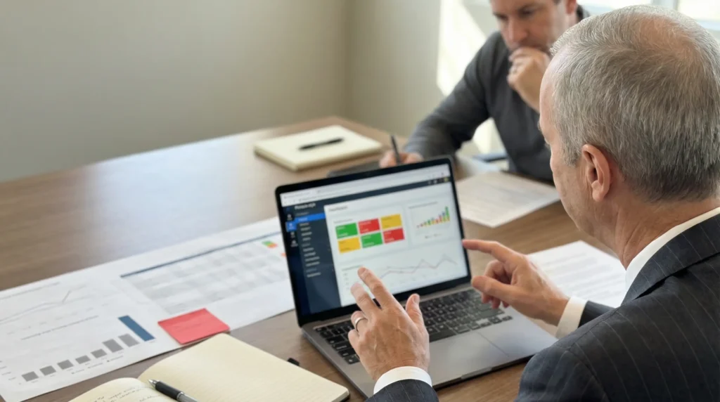 Business executive reviewing performance dashboards and charts on a laptop during a strategic meeting