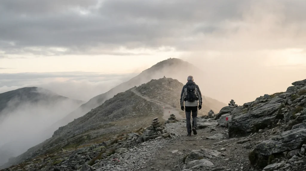 Person walking alone on a rocky mountain trail surrounded by clouds symbolizing leadership journey, clarity, resilience and strategic direction