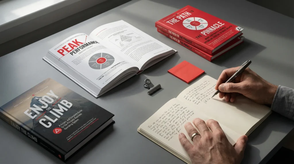 Editorial photo showing Pinnacle Business Guides books Peak Performance, The Path to the Pinnacle and Enjoy The Climb with a person writing notes, symbolizing learning, strategy and leadership development