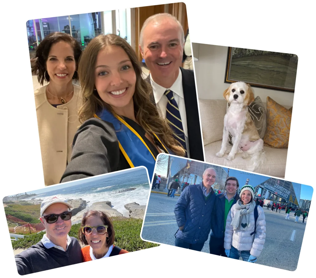 Collage of personal family moments including smiling family members, travel photos, and a pet dog.